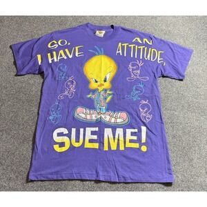 VTG Tweety Bird Shirt Adult L Looney Tunes So, I Have‎ An Attitude, Sue Me! AOP